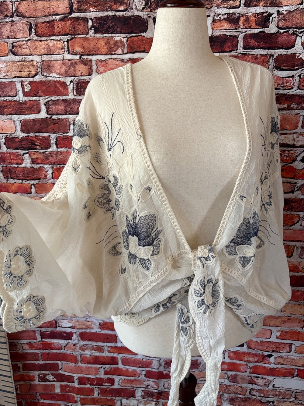 Cream Tie-Front Blue Floral Embroidered Cardigan Sweater Back one Size